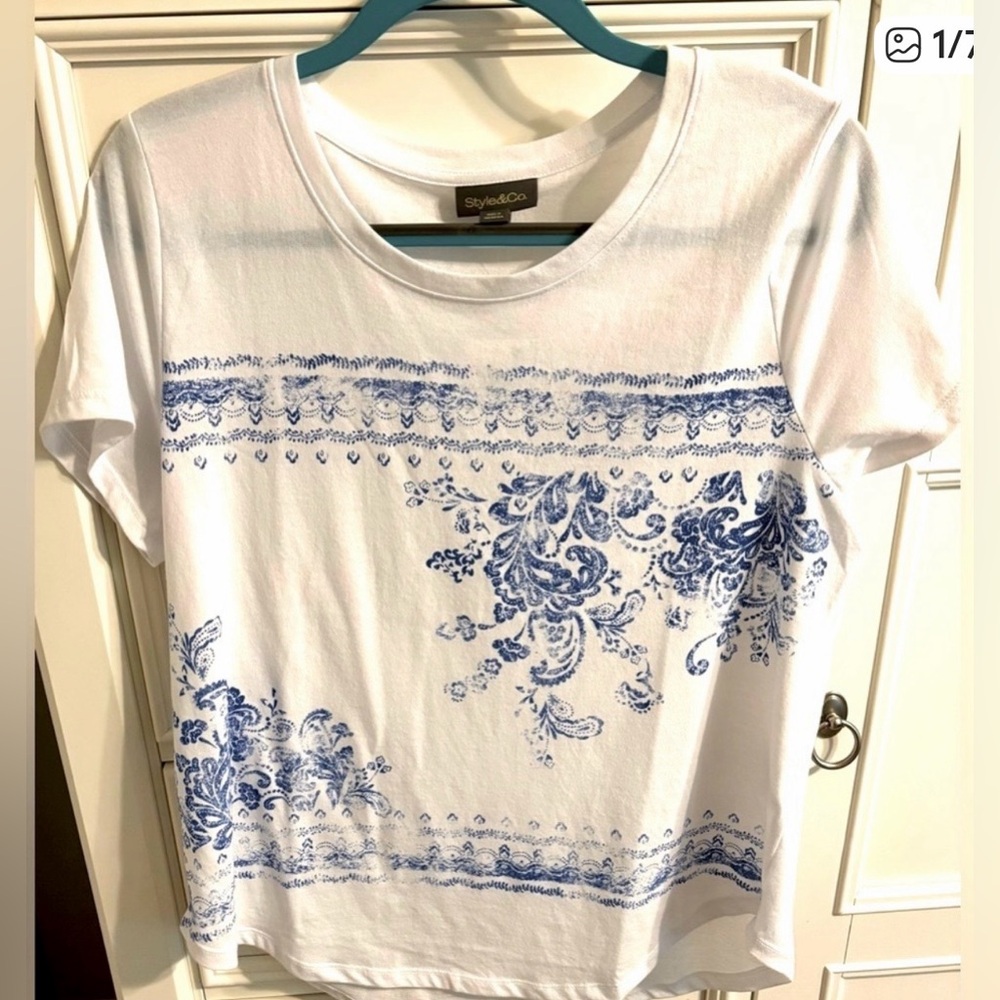 Style & Co White Tee With Blue Paisley or Bandana Print.  NWT